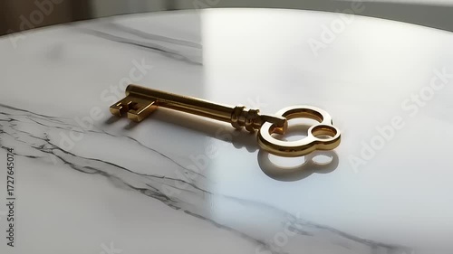 Elegant gold key on marble surface with liquid pouring and reflections in motion
