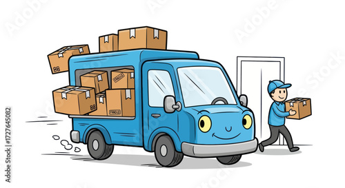 Cartoon illustration of a smiling blue delivery truck overloaded with boxes and a courier.