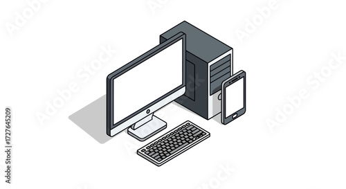 Isometric illustration of a desktop computer keyboard and smartphone.