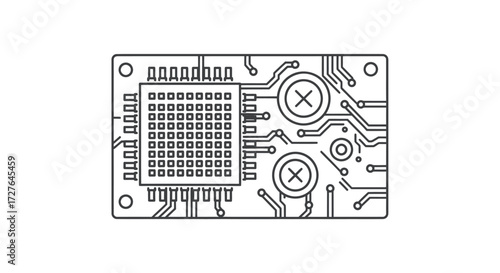 Detailed Illustration of a Rectangular Electronic Circuit Board with Integrated Circuit.