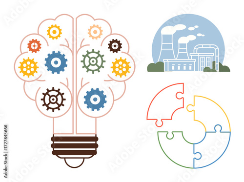 Light bulb formed by gears representing creative synergy, power plant for energy innovation, and colorful incomplete puzzle for problem-solving. Ideal for teamwork, strategy, development, innovation