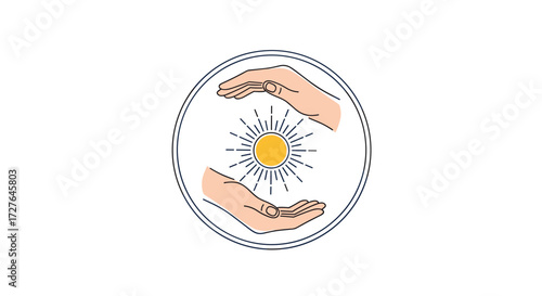 The sun shining brightly between open hands representing care and protection.