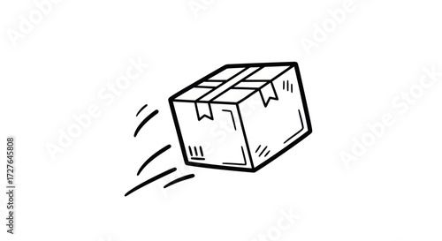 Simple line art illustration of a fast shipping package A hand-drawn cardboard box with motion lines.