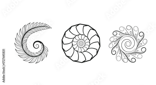 Three abstract circular spiral patterns with textured details and intricate designs.