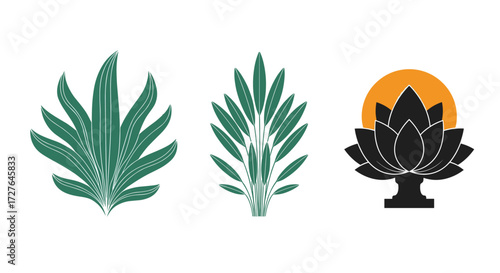 Beautiful green leaves and a lotus flower with a sun symbol.