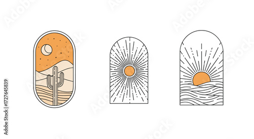 Three abstract sun and moon motif arched window designs with a minimalist aesthetic.