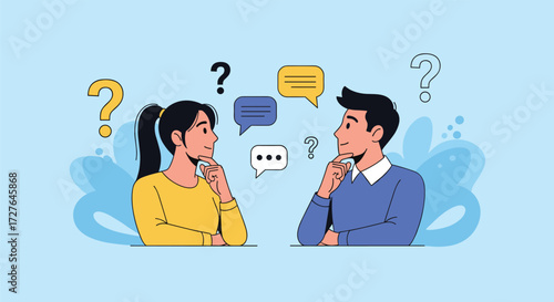 Two people are thinking and asking questions to each other during a conversation.