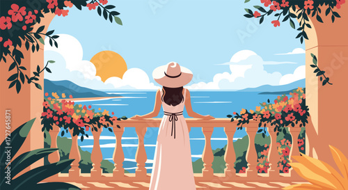 A woman in a white dress and hat gazes at the serene ocean from a balcony adorned with flowers.