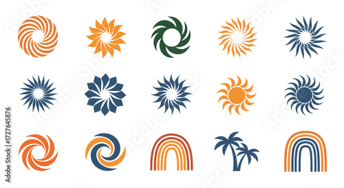A collection of abstract sun and rainbow designs with palm trees in a vibrant color palette.