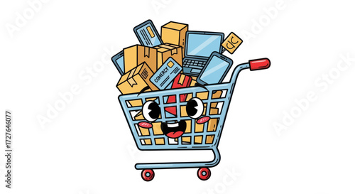 Happy Shopping Cart Overflowing with Electronics and Packages.