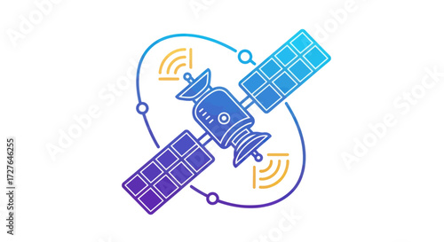 Gradient line art icon of an orbiting satellite with solar panels transmitting signals.