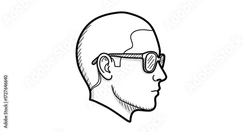 Line drawing of a bald mans head in profile wearing sunglasses.