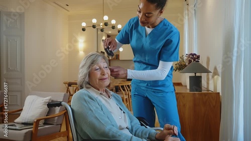 Supportive caregiver assisting a senior woman with a walker during rehabilitation at a nursing home. The patient is receiving professional help with mobility for a better and healthier life