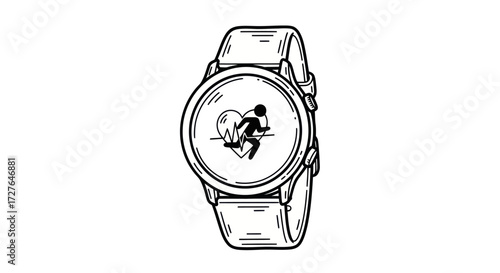 Smartwatch with Running Figure and Heartbeat Graphic on Screen.