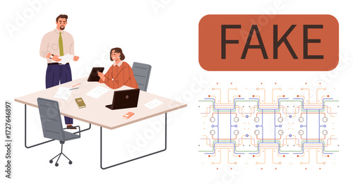 Two coworkers at a desk work with devices, discussing digital authenticity. A Fake tag beside a tech design. Ideal for misinformation, fraud detection, AI, ethics, cybersecurity, workplace