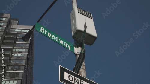 Handheld shot of a Broadway street sign