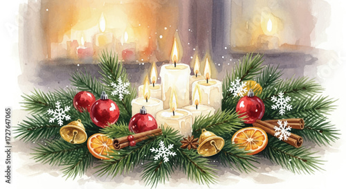 watercolor christmas candles surrounded by pine branches and ornaments, hand painted watercolor christmas candles with pine needles and baubles, festive watercolor holiday candles decorated with pine 