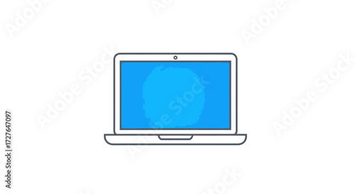 A simple minimalist line art illustration of an open white laptop computer with a blue screen.