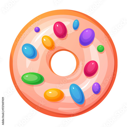 Cartoon donut with pink glaze and colorful candy toppings.