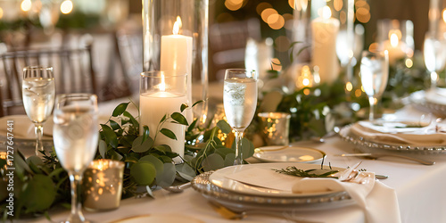 Elegant wedding reception table with candles and champagne