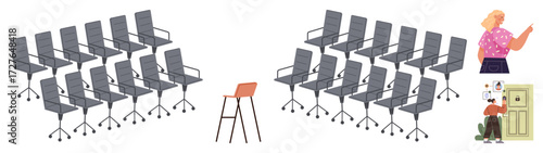 Single orange chair stands out among uniform grey chairs, symbolizing individuality. Nearby, two people interact by a filing cabinet. Ideal for leadership, uniqueness, collaboration, teamwork