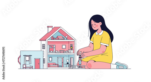 Girl playing with a detailed two-story dollhouse featuring a pink roof and multiple rooms.