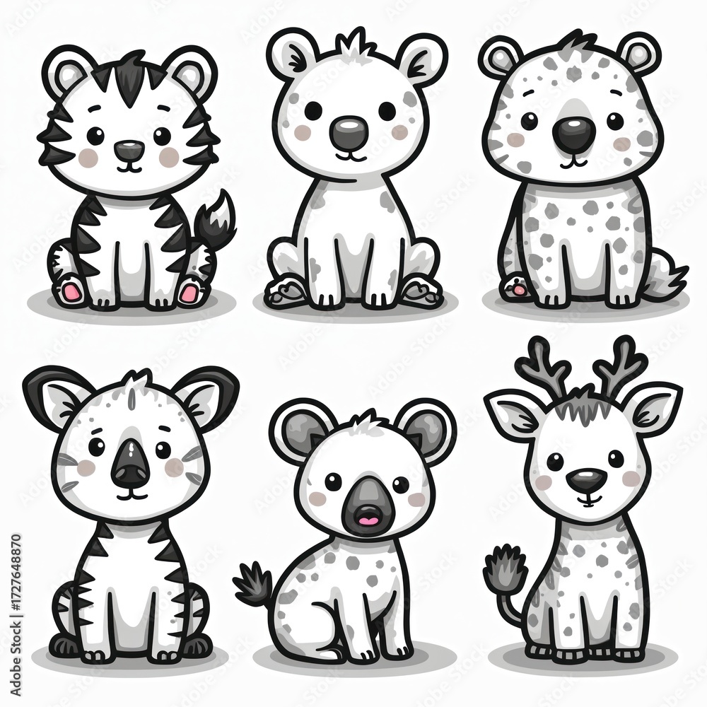 Obraz premium Cute cartoon animals collection includes tiger cub, polar bear, snow leopard cub, zebra foal, koala, fawn. Adorable baby wildlife characters for kids education decor. Simple outline drawings, white