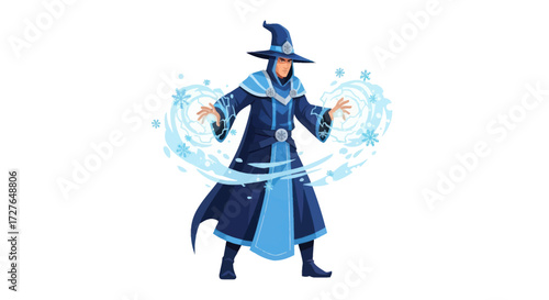 Wizard casting a spell with blue energy wearing a dark blue robe and pointed hat.