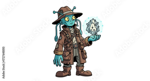 Blue-skinned Alien Explorer with Orb Wearing a Hat and Coat.