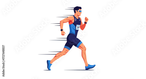 Muscular Triathlete Running at High Speed Dynamic Pose.