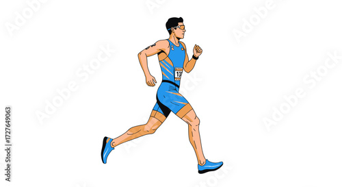 Dynamic Male Runner in Blue Athletic Gear with Race Bib.
