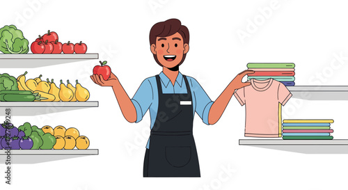 Smiling Grocer Holding Apple and Clothing Items.
