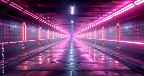 Wallpaper Mural Long futuristic corridor with pink and blue neon lights, wet floor reflecting the lights, scifi interior 4k video Torontodigital.ca