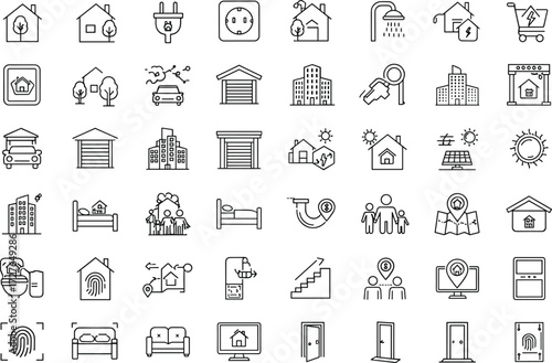 Smart Home Icon Set Featuring Buildings, Technology, Keys, Vehicles, Energy, and Urban Living Symbols for UI, Editorial, Apps, and Design Projects