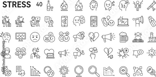 Stress Icon Set Featuring Emotional Distress, Work Pressure, Decline Symbols, and Mental Strain for UI, Editorial, Education, and Design Projects
