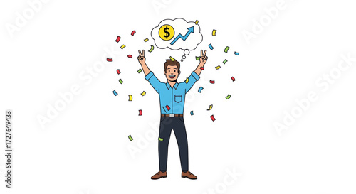 Illustrated happy man celebrating financial success holding cash under a rain of money with a growth chart icon.
