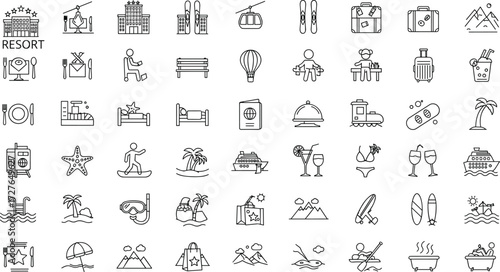Travel and Vacation Icon Set Featuring Transport, Activities, Nature, Food, and Leisure Symbols for UI, Editorial, Apps, and Design Projects
