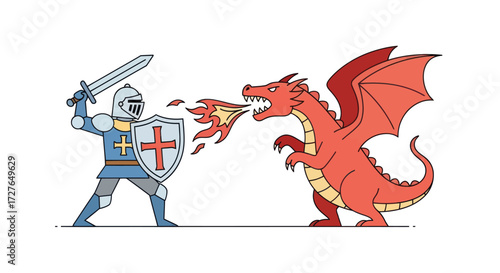 Knight Fighting a Dragon in Cartoon Style.