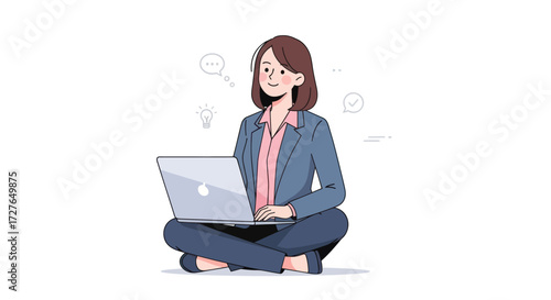 Young Woman Sitting Cross-legged Working on a Laptop Computer.