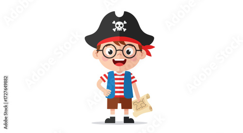 Cartoon Pirate Boy with Eyeglasses Smiling Holding Treasure.