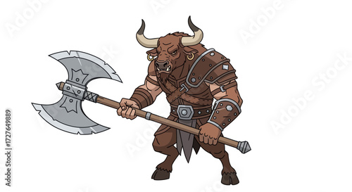 A powerful Minotaur warrior in leather armor wielding a massive double-bladed axe.