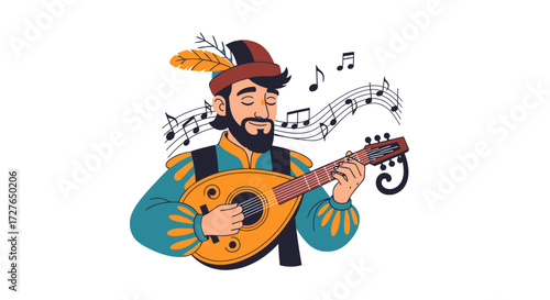 Bearded Man in Historical Attire Playing a Lute with Musical Notes.