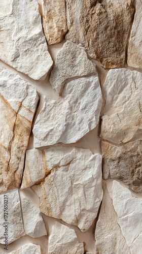 Closeup of a natural stone wall with varying shades of beige, brown, and gray, creating a textured and rustic surface for backgrounds or design elements