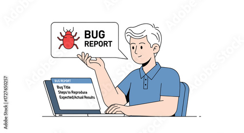 Man reporting a software bug on a laptop with a speech bubble.