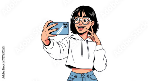 Happy Young Woman Taking a Selfie with Smartphone.