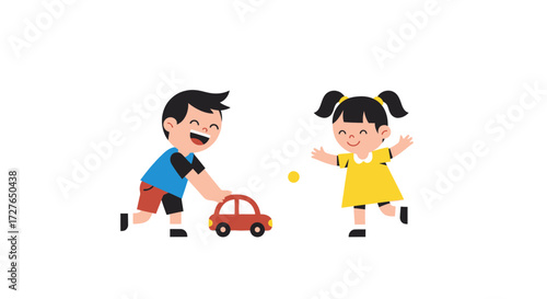 Happy Cartoon Children Playing with a Red Toy Car.