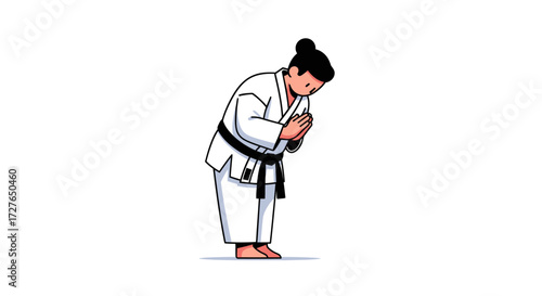 Karate practitioner in white gi bowing with hands clasped in respect.