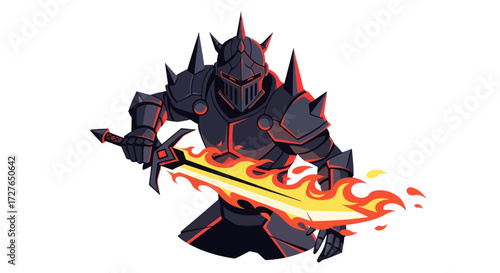 Fearsome dark knight in spiky black armor wielding a magical flaming sword.