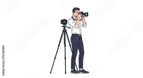 Professional Photographer Shooting with DSLR Camera and Tripod.