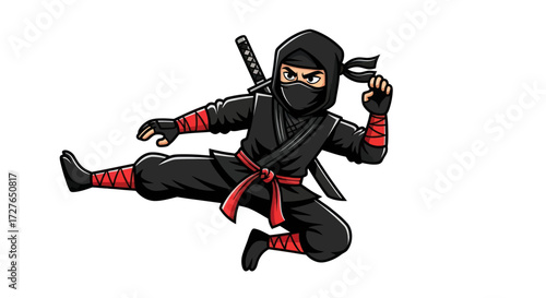 Dynamic cartoon ninja warrior in black uniform with katana sword and red accents.